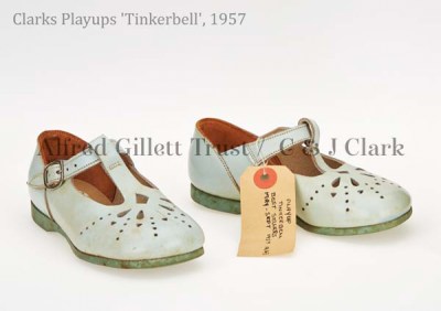 Pair girls' pale blue leather/rubber T-bar sandal; Clarks Playups 'Tinkerbell', 1957