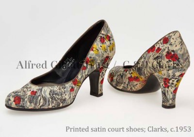 Pair women's multi-coloured printed satin court shoes; Clarks Wessex(?), c.1953