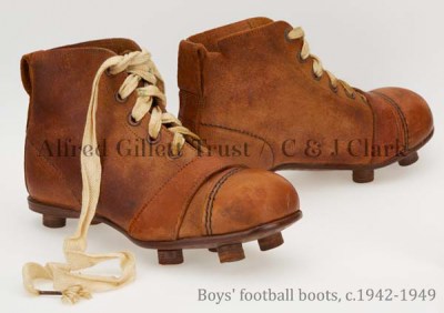 Pair boys' brown leather football boots; Kempson & Stevens Ltd. Walker CERT, c.1942-1949