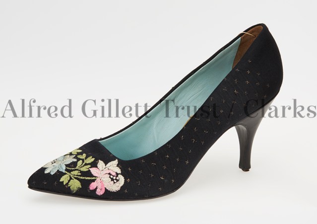 Single women's black silk/satin/leather court shoe; Clarks Couture Collection 'Tamise', 1959