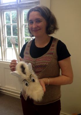 Charlotte with her leaving present; a Moomin inspired 'Shoemin'